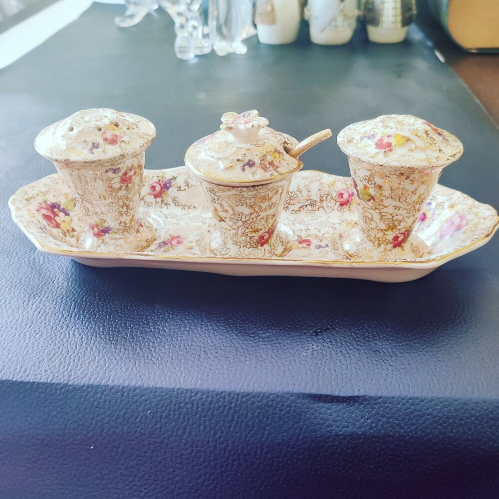 Salt Pepper & Mustard Porcelain Condiment Set in Chintz by Fenton, Vintage